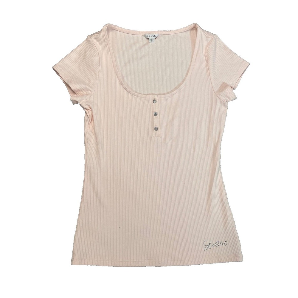 VTG Guess Women Y2K Pink‎ Ribbed Button Up T Shirt Rhinestone Logo Size S fitted